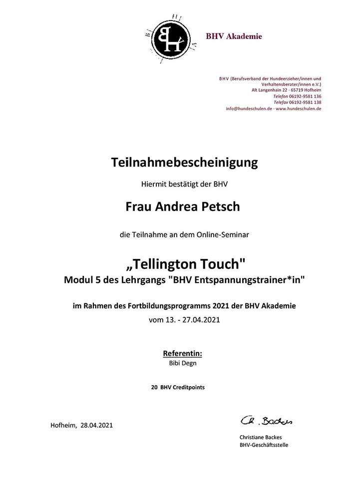 Teilnahmebescheinigung Tellington Touch